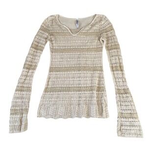 Absolutely Creative Worldwide Beige Gold Metallic Knit V-Neck Sweater Small